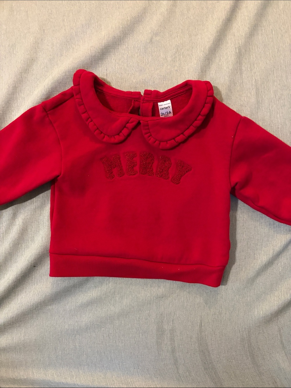 Carter's Bright Red Ruffle Collar Sweatshirt with 'MERRY” Sparkle 2t, 2A